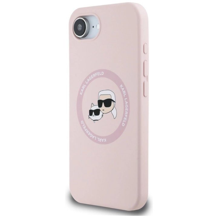 Karl Lagerfeld silikoninis dėklas su Karl ir Choupette galvomis, MagSafe, rožinis, iPhone 16