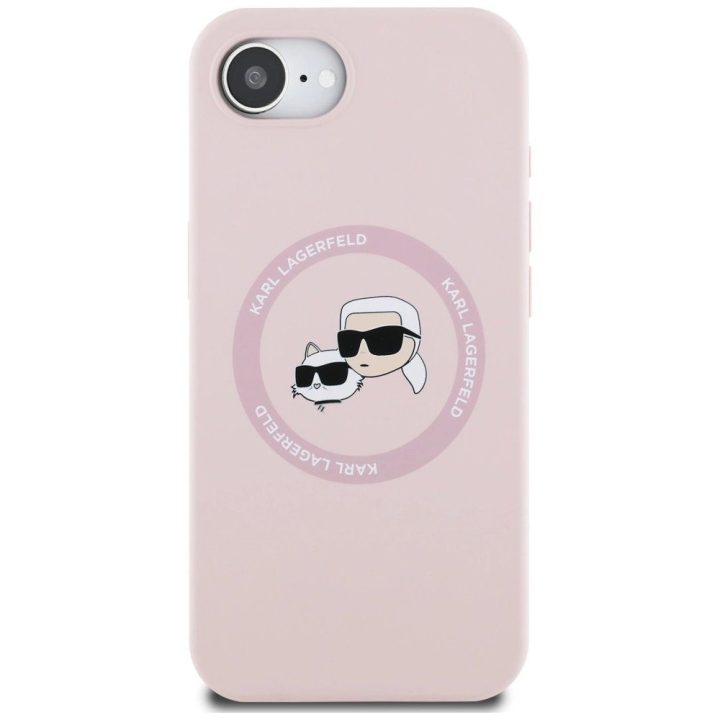 Karl Lagerfeld silikoninis dėklas su Karl ir Choupette galvomis, MagSafe, rožinis, iPhone 16