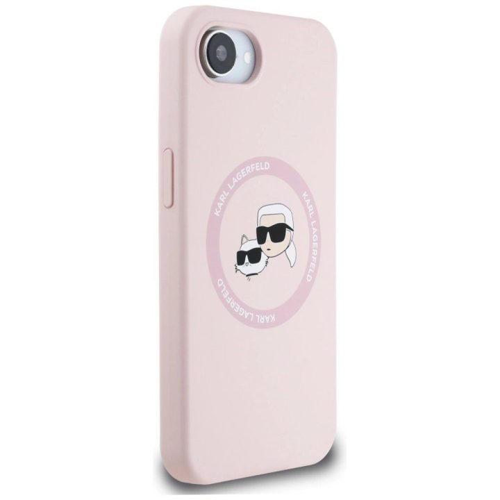 Karl Lagerfeld silikoninis dėklas su Karl ir Choupette galvomis, MagSafe, rožinis, iPhone 16