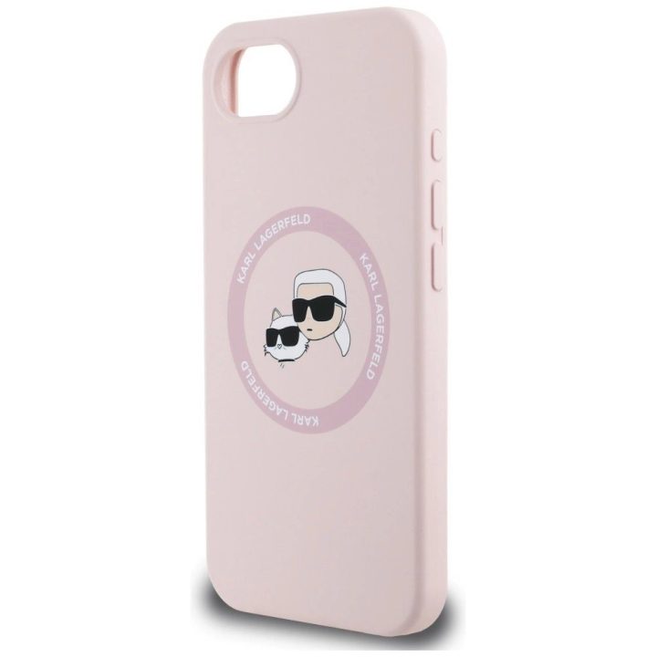 Karl Lagerfeld silikoninis dėklas su Karl ir Choupette galvomis, MagSafe, rožinis, iPhone 16