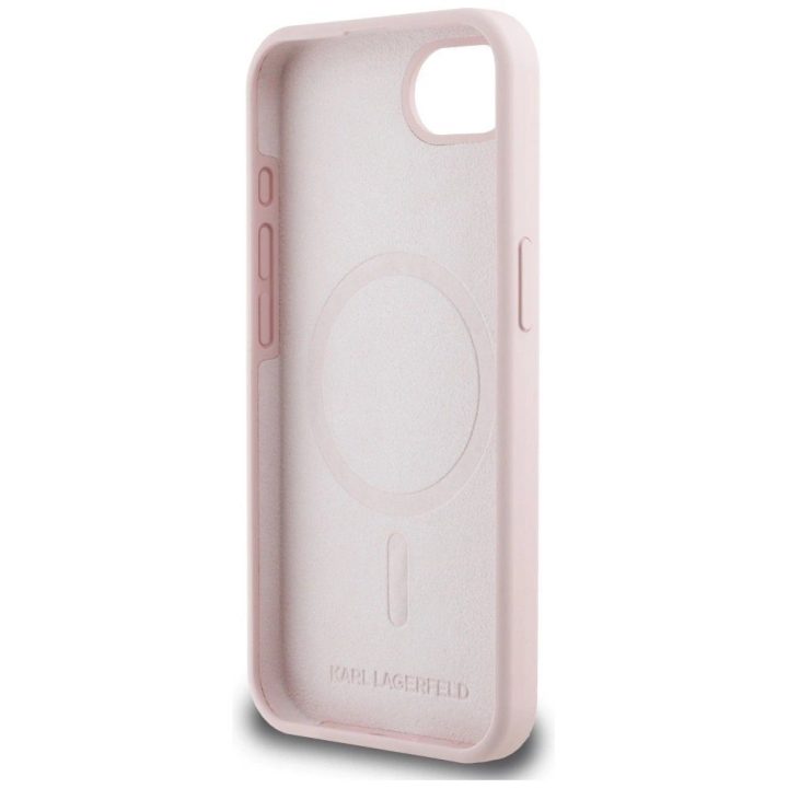 Karl Lagerfeld silikoninis dėklas su Karl ir Choupette galvomis, MagSafe, rožinis, iPhone 16