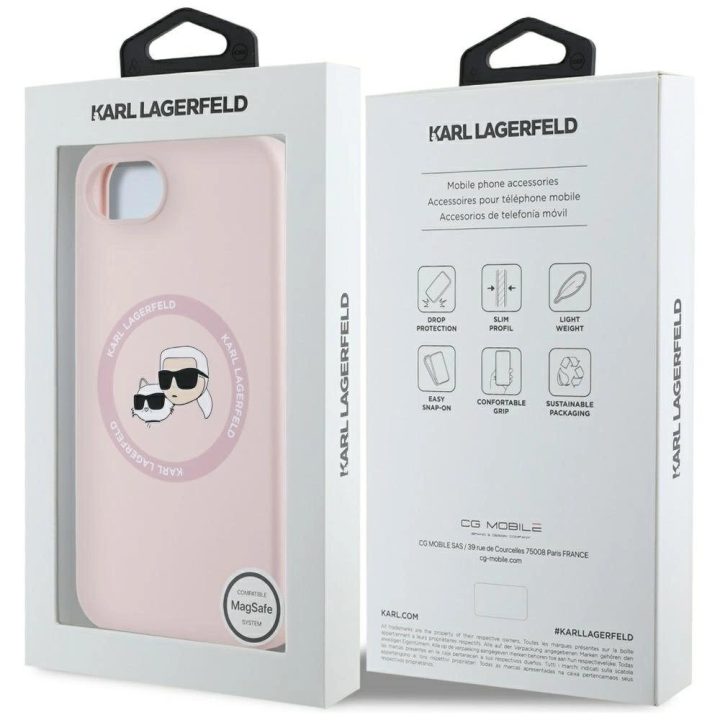 Karl Lagerfeld silikoninis dėklas su Karl ir Choupette galvomis, MagSafe, rožinis, iPhone 16