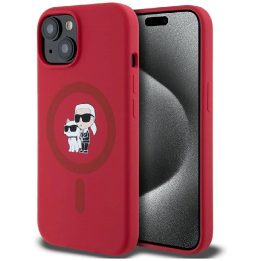 Karl Lagerfeld silikoninis dėklas su Karl ir Choupette galvomis, MagSafe, iPhone 15, raudonas