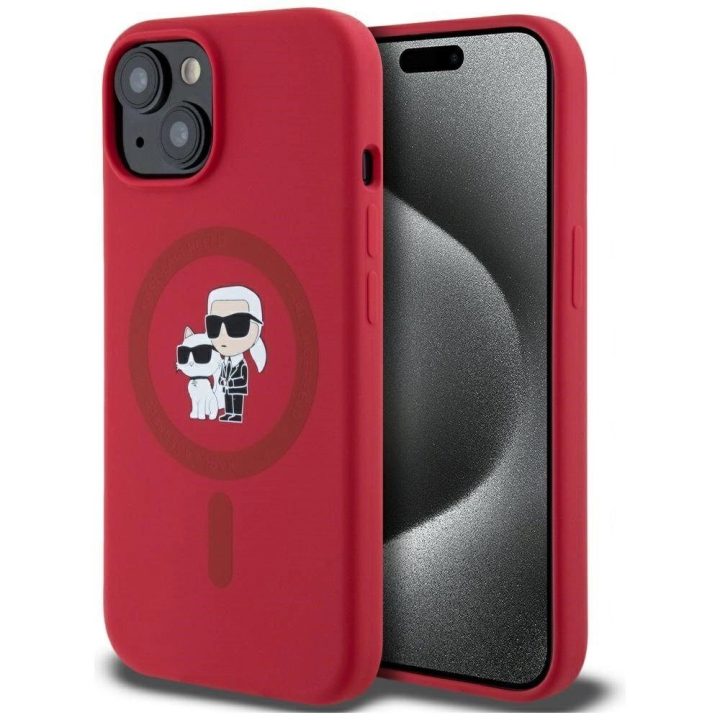 Karl Lagerfeld silikoninis dėklas su Karl ir Choupette galvomis, MagSafe, iPhone 15, raudonas