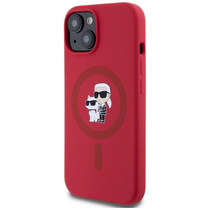 Karl Lagerfeld silikoninis dėklas su Karl ir Choupette galvomis, MagSafe, iPhone 15, raudonas