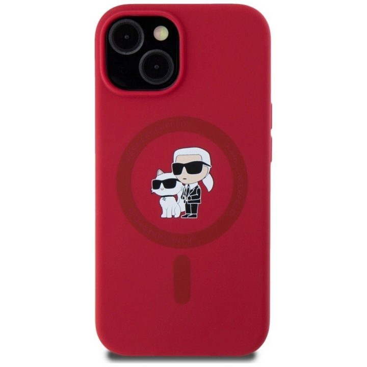 Karl Lagerfeld silikoninis dėklas su Karl ir Choupette galvomis, MagSafe, iPhone 15, raudonas