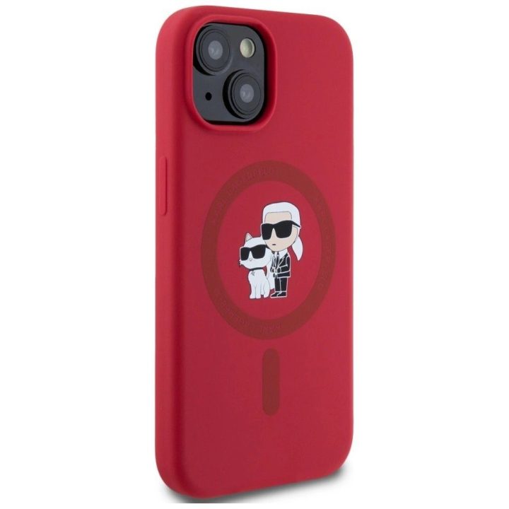 Karl Lagerfeld silikoninis dėklas su Karl ir Choupette galvomis, MagSafe, iPhone 15, raudonas