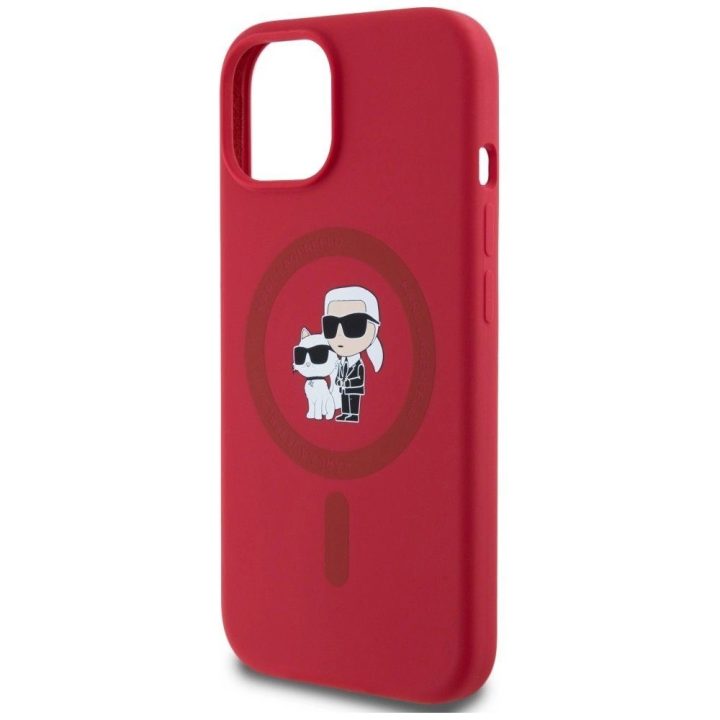 Karl Lagerfeld silikoninis dėklas su Karl ir Choupette galvomis, MagSafe, iPhone 15, raudonas