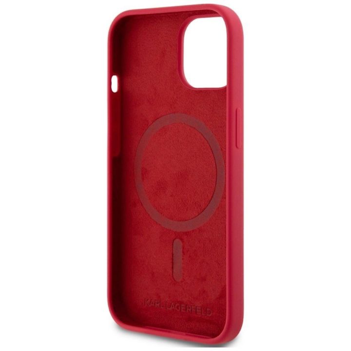Karl Lagerfeld silikoninis dėklas su Karl ir Choupette galvomis, MagSafe, iPhone 15, raudonas