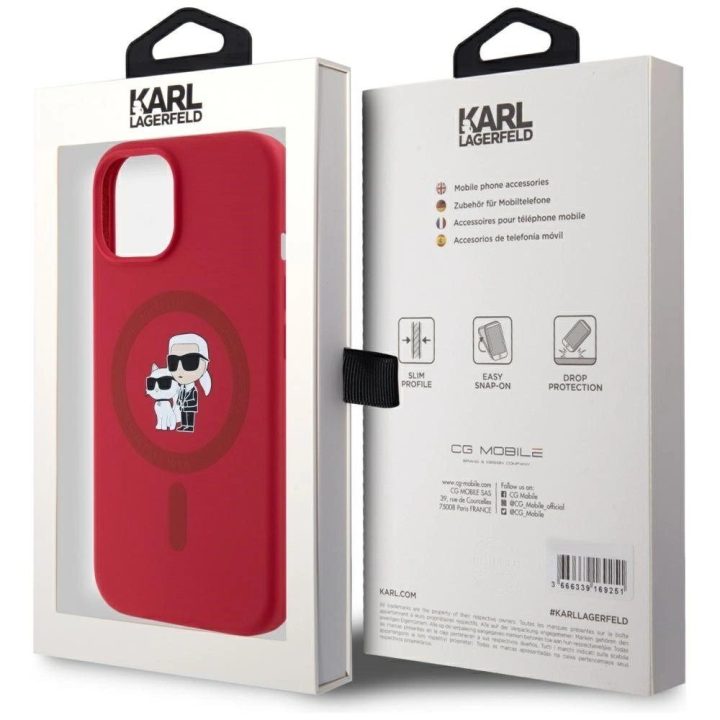 Karl Lagerfeld silikoninis dėklas su Karl ir Choupette galvomis, MagSafe, iPhone 15, raudonas