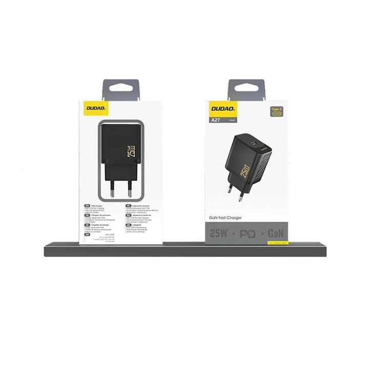 25W GaN USB-C sieninis įkroviklis – juodas
