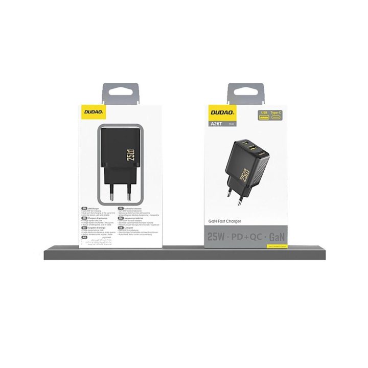 25W GaN įkroviklis (USB-A, USB-C) – juodas