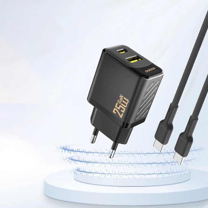 25W GaN įkroviklis (USB-A, USB-C) – juodas