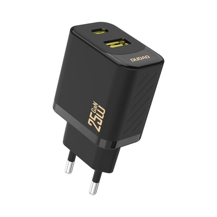 25W GaN įkroviklis (USB-A, USB-C) – juodas