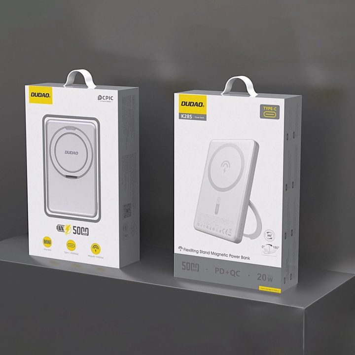 Magnetinis išorinis akumuliatorius 5000mAh su PD 20W ir stovu – sidabrinis