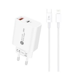20W USB-A ir USB-C sieninis įkroviklis + 1m USB-C – Lightning laidas, baltas