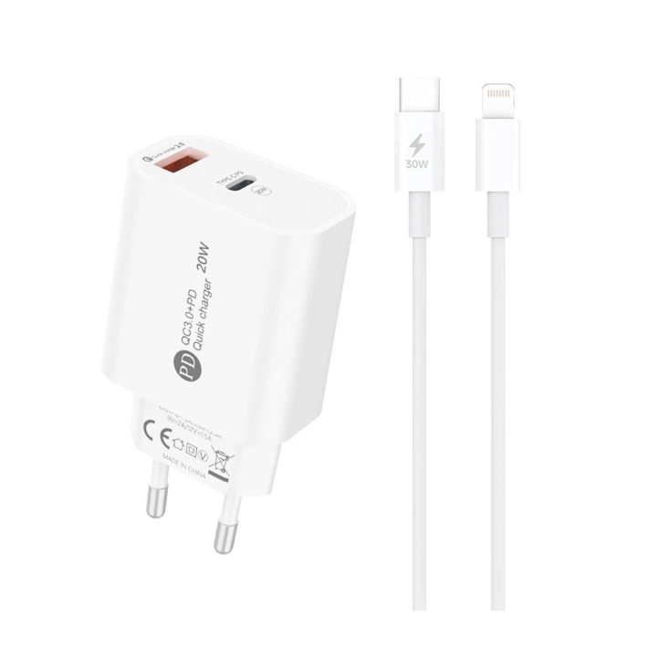 20W USB-A ir USB-C sieninis įkroviklis + 1m USB-C – Lightning laidas, baltas
