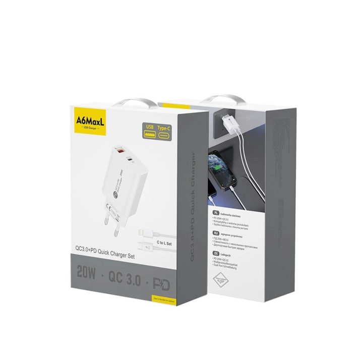 20W USB-A ir USB-C sieninis įkroviklis + 1m USB-C – Lightning laidas, baltas