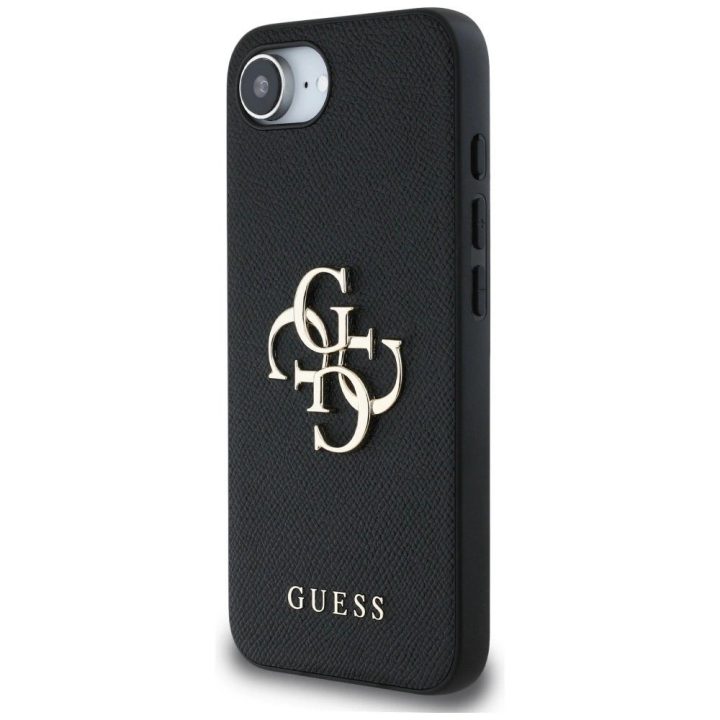 Guess dirbtinės odos 4G dėklas su metaliniu logotipu iPhone 16e, juodas