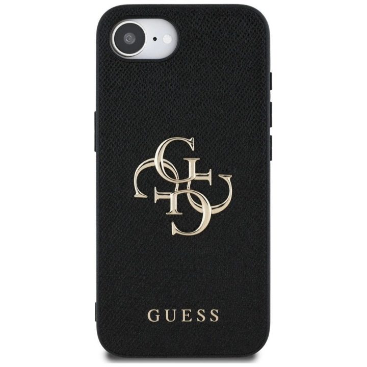 Guess dirbtinės odos 4G dėklas su metaliniu logotipu iPhone 16e, juodas