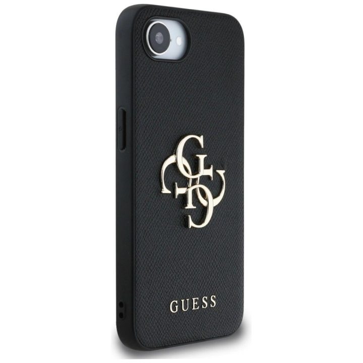 Guess dirbtinės odos 4G dėklas su metaliniu logotipu iPhone 16e, juodas