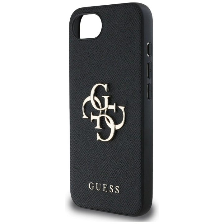 Guess dirbtinės odos 4G dėklas su metaliniu logotipu iPhone 16e, juodas