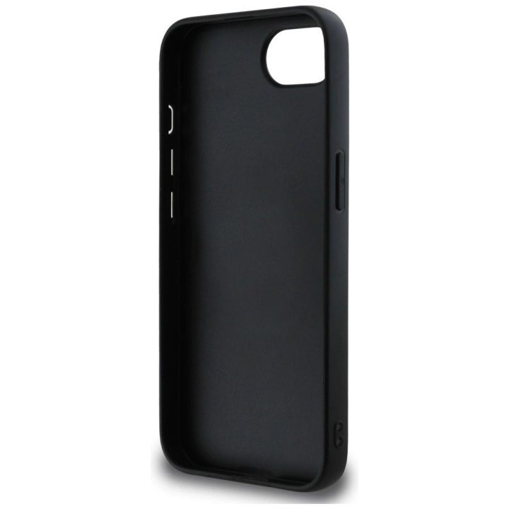 Guess dirbtinės odos 4G dėklas su metaliniu logotipu iPhone 16e, juodas