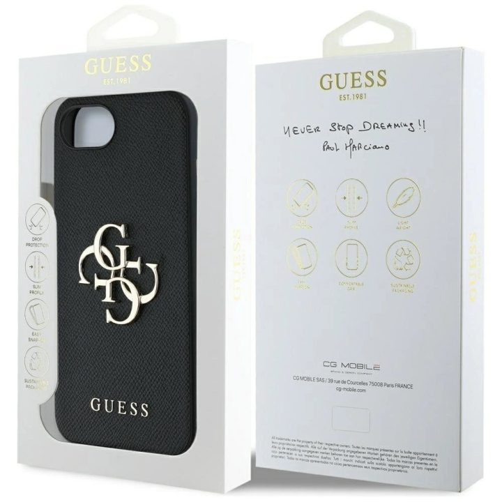 Guess dirbtinės odos 4G dėklas su metaliniu logotipu iPhone 16e, juodas