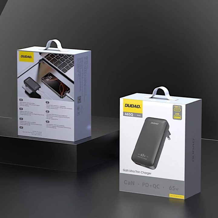 Itin plonas 65W GaN kelioninis įkroviklis (USB-C / USB-A) – juodas