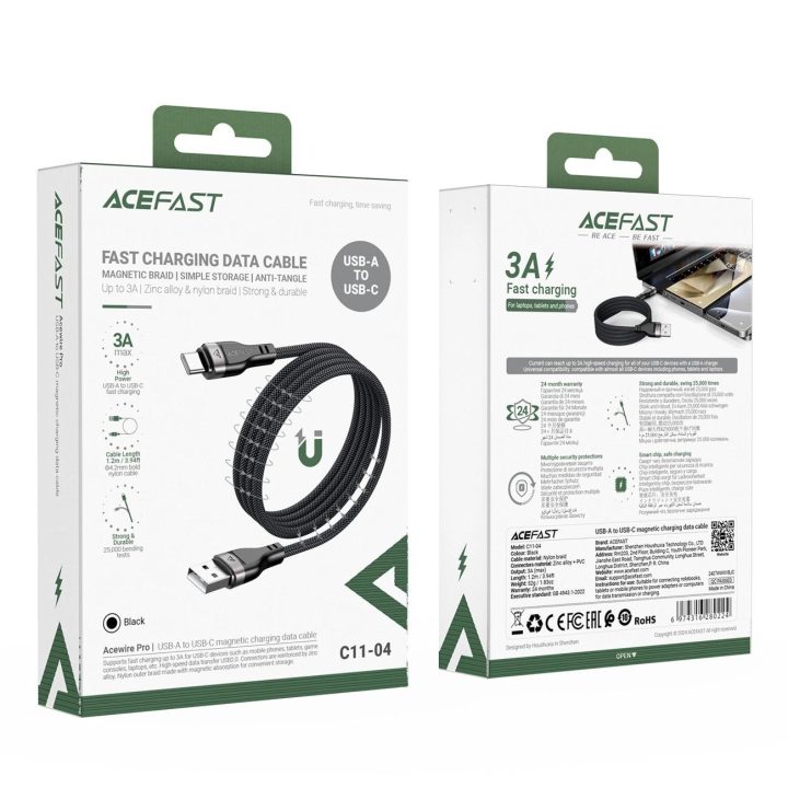 Acefast C11-04 USB-A į USB-C 3A kabelis 1,2 m, magnetinis, juodas