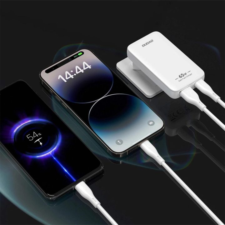 Itin plonas 65W GaN sieninis įkroviklis su USB-A / USB-C, baltas