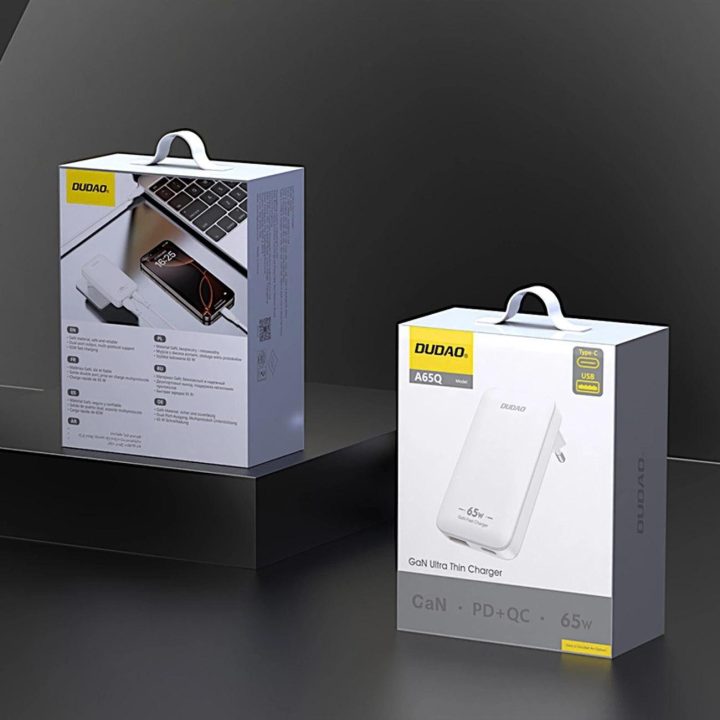 Itin plonas 65W GaN sieninis įkroviklis su USB-A / USB-C, baltas