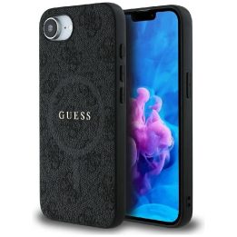 Guess dirbtinės odos 4G dėklas su spalvotu žiedu ir MagSafe iPhone 16e – juodas