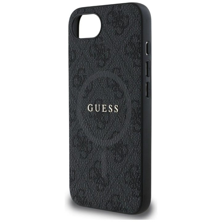 Guess dirbtinės odos 4G dėklas su spalvotu žiedu ir MagSafe iPhone 16e – juodas