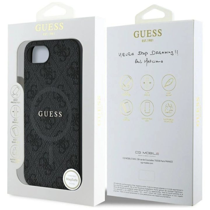 Guess dirbtinės odos 4G dėklas su spalvotu žiedu ir MagSafe iPhone 16e – juodas