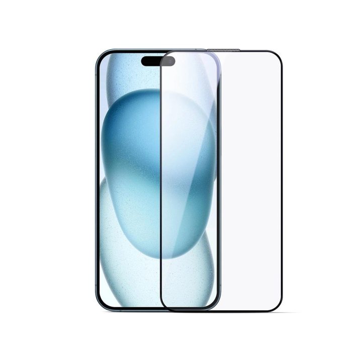 Grūdintas stiklas “ 2.5D, apsauga nuo mėlynos šviesos ir dulkių, juodas rėmelis, skirtas iPhone 15 Plus / 16 Plus“