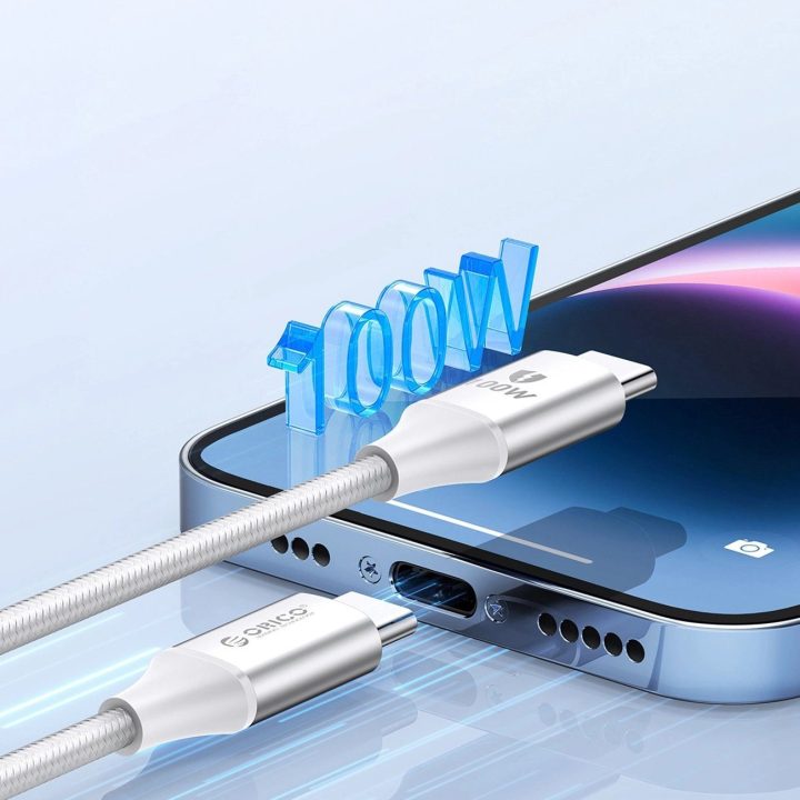 Orico 100W USB-C į USB-C įkrovimo laidas, 1 m, baltas