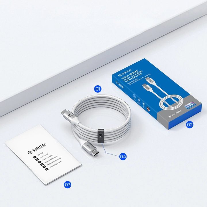 Orico 100W USB-C į USB-C įkrovimo laidas, 1 m, baltas