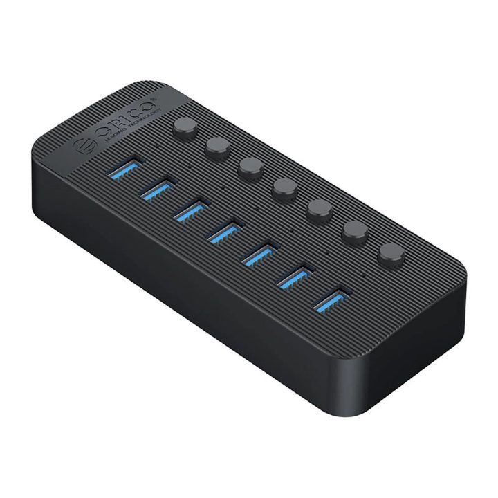 USB šakotuvas 7 lizdų 3.0 su jungikliais juodas