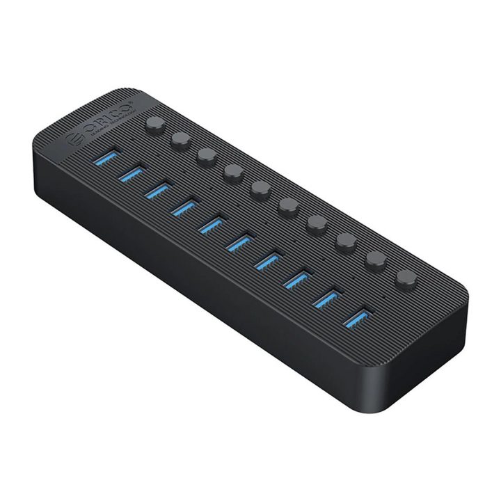 USB šakotuvas 10 lizdų 3.0 su jungikliais juodas