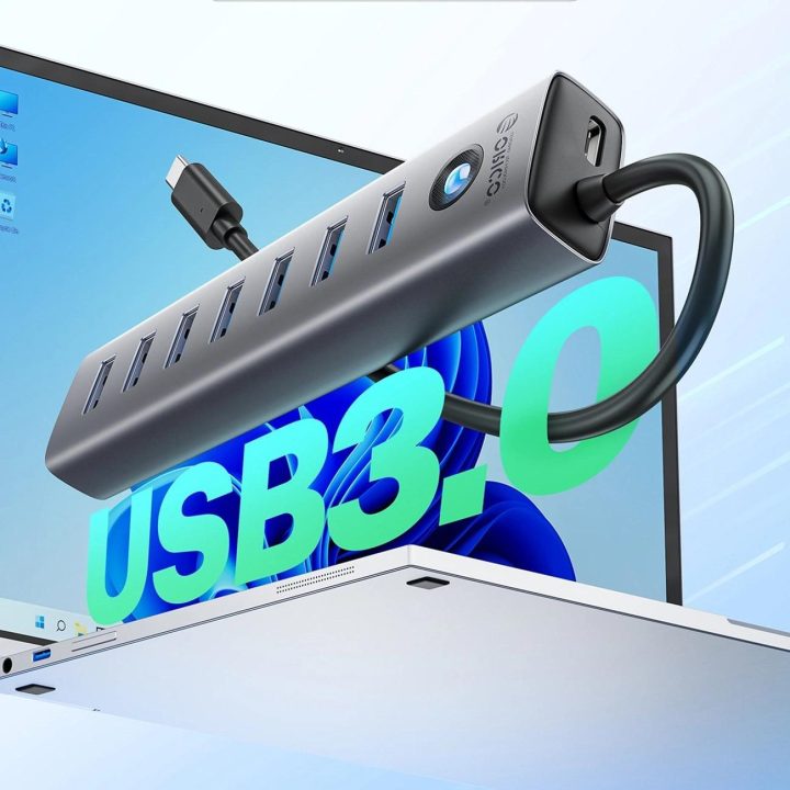USB šakotuvas 7x USB-A 3.0 + USB-C, pilkas