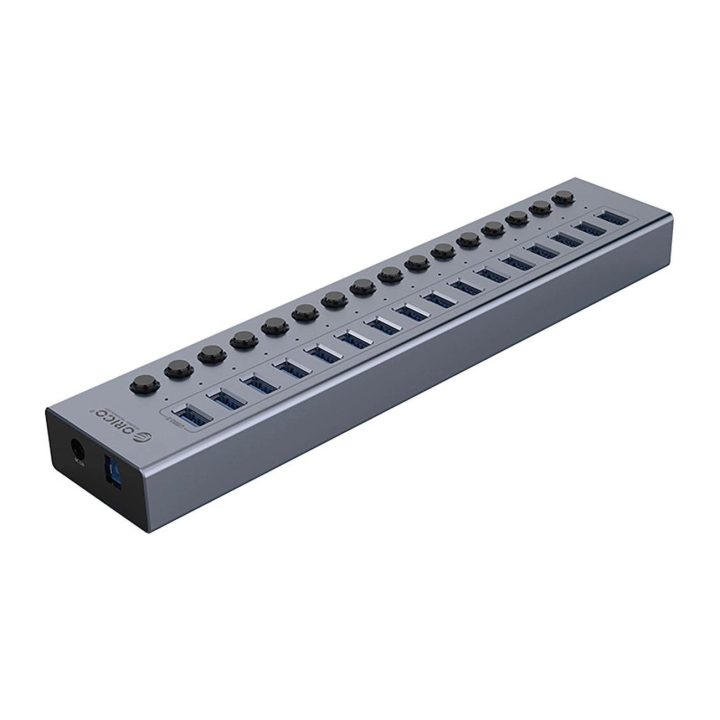 USB šakotuvas 16 lizdų, USB-A 3.0, su jungikliais, pilkas