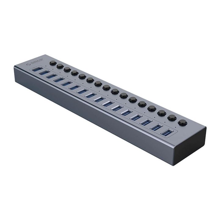 USB šakotuvas 16 lizdų, USB-A 3.0, su jungikliais, pilkas