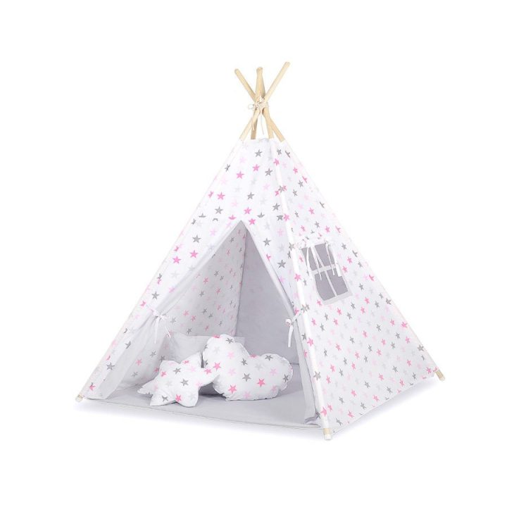Vaikiška tipi palapinė su kilimėliu ir dekoracijomis – pilka/rožinė