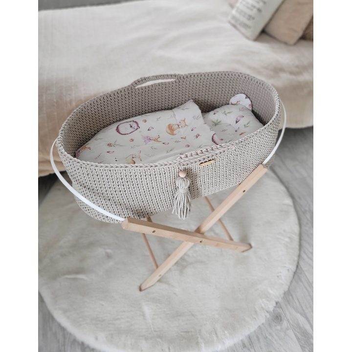 Lopšys kūdikiui rankų darbo medvilninis su čiužiniu – šviesiai smėlinis