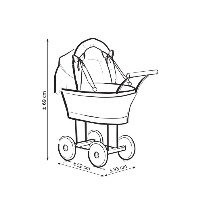 Lėlės pintas vežimėlis su rožine patalyne – natūralus