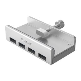 USB šakotuvas 4 lizdų, tvirtinamas spaustuku, sidabrinis
