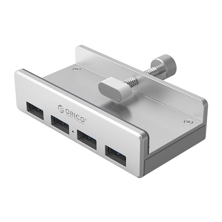 USB šakotuvas 4 lizdų, tvirtinamas spaustuku, sidabrinis