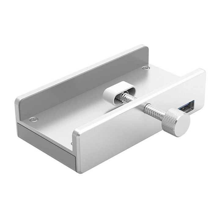 USB šakotuvas 4 lizdų, tvirtinamas spaustuku, sidabrinis