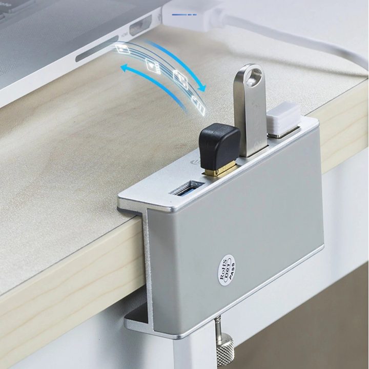 USB šakotuvas 4 lizdų, tvirtinamas spaustuku, sidabrinis